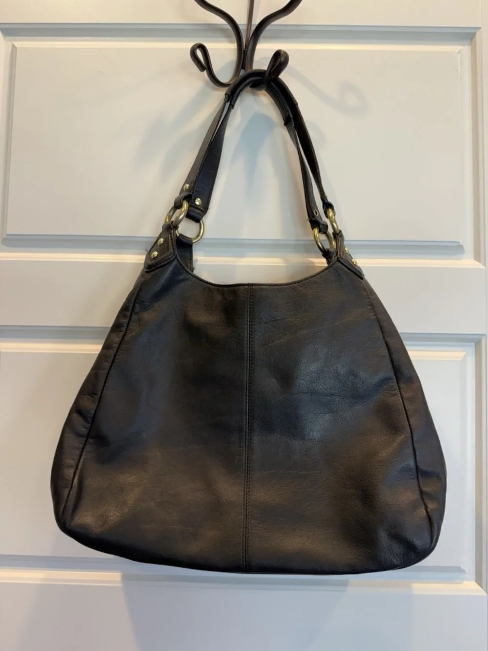 COACH Campbell F24686 Black Leather Large Hobo Shoulder Bag Chunky Brass Buckle